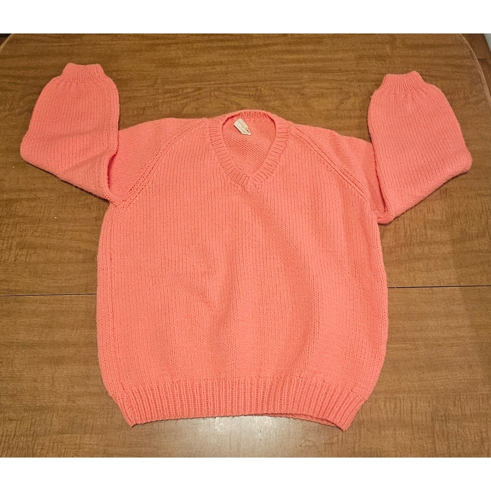 Vintage Homemade 80s Peach Orange Shaker Knit Sweater V-Neck M L K